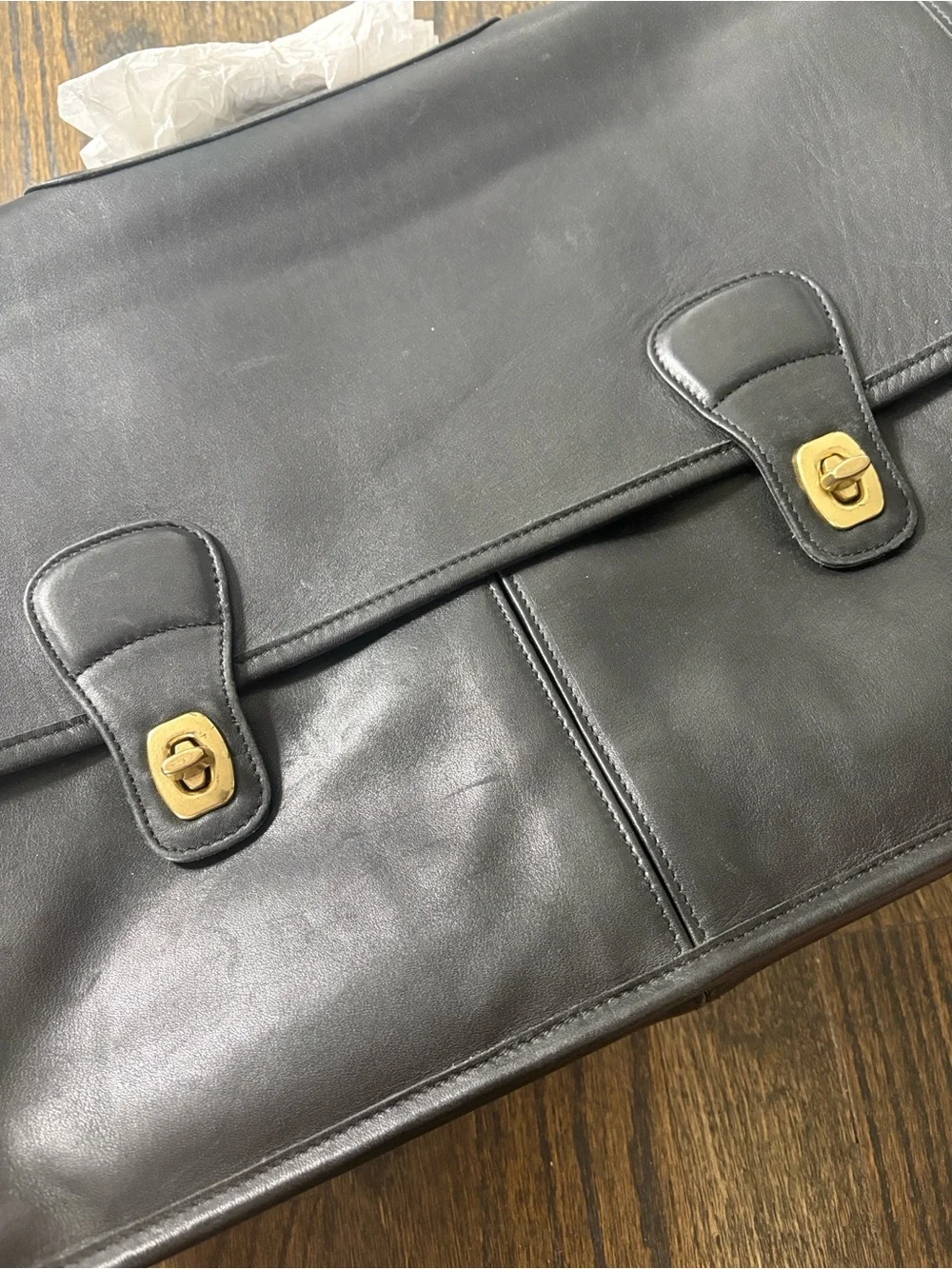 Classic Black Leather Briefcase with Gold Hardware- COACH